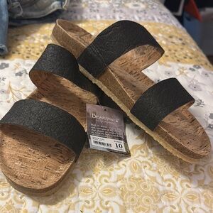 BearPaw Black Sandals with Dual Straps and Cork Footbed